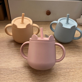 【臺灣現貨♥免擱等】熊耳水杯 寶寶水杯 兒童水杯 送吸管刷 矽膠水杯 學習杯