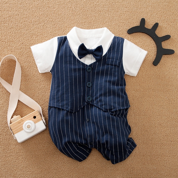 紳士西裝禮服 寶寶週歲短袖包屁衣 新生兒禮服 男童嬰幼兒彌月禮服 藏青條紋紳士-321寶貝屋