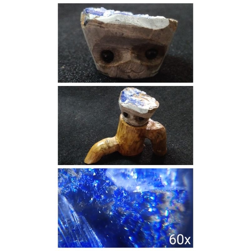 03 刺猬原礦擺件 藍銅礦水晶小刺刺+根雕木座
