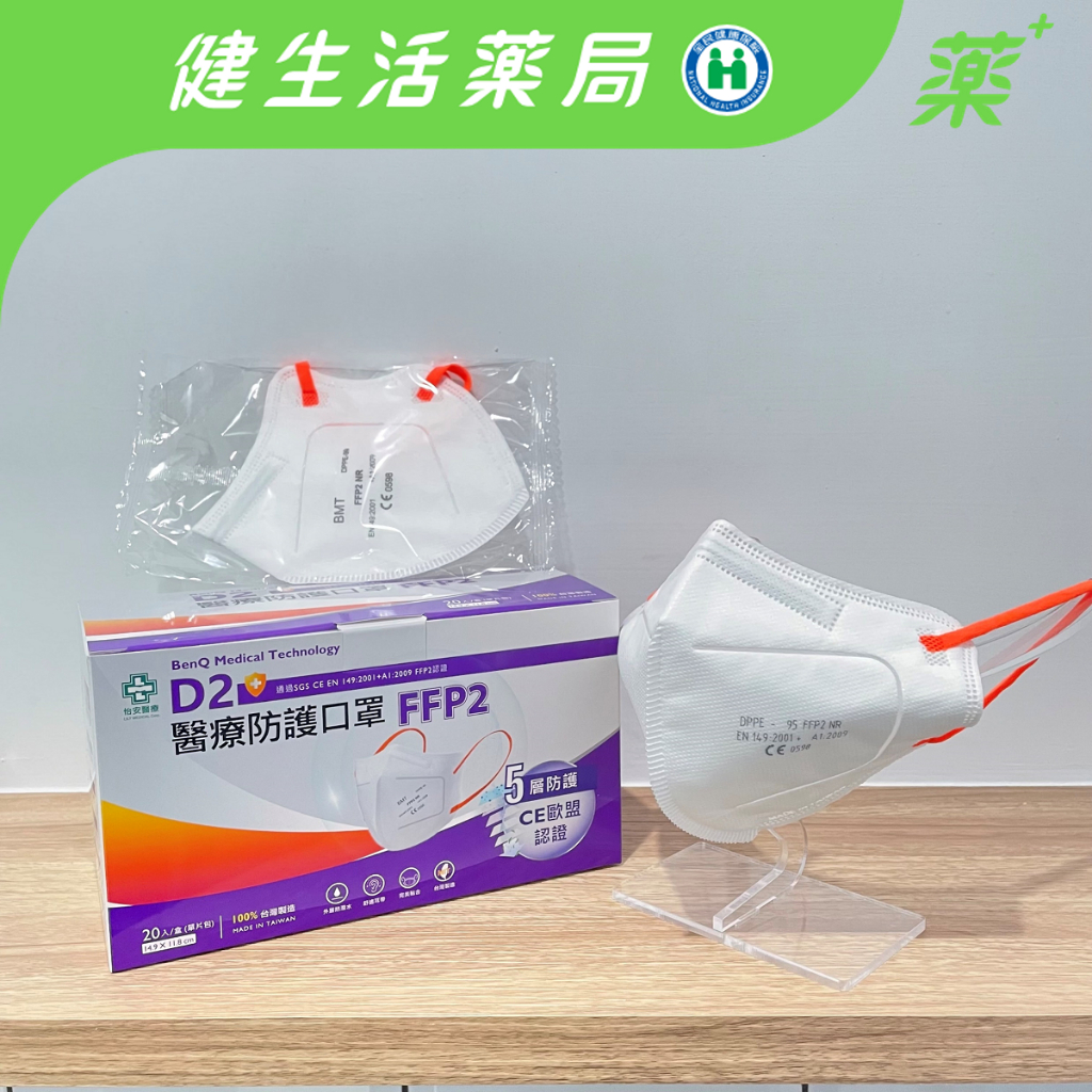 【BenQ】D2/FFP2五層高防護醫療口罩 單片包裝 20入/盒 台灣製造歐盟認證 醫護/航空人員適用《健生活藥局》