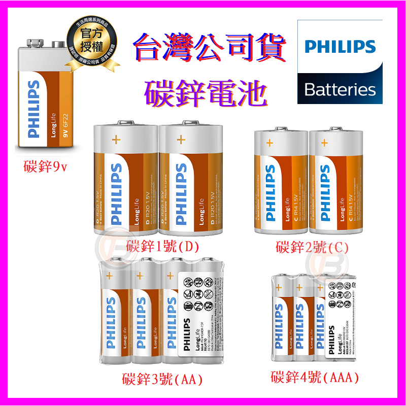 飛利浦 PHILIPS 碳鋅電池 1號2號3號4號 9V錳乾電池 適用玩具/收音機/時鐘/電視冷氣遙控器/手電筒/熱水器