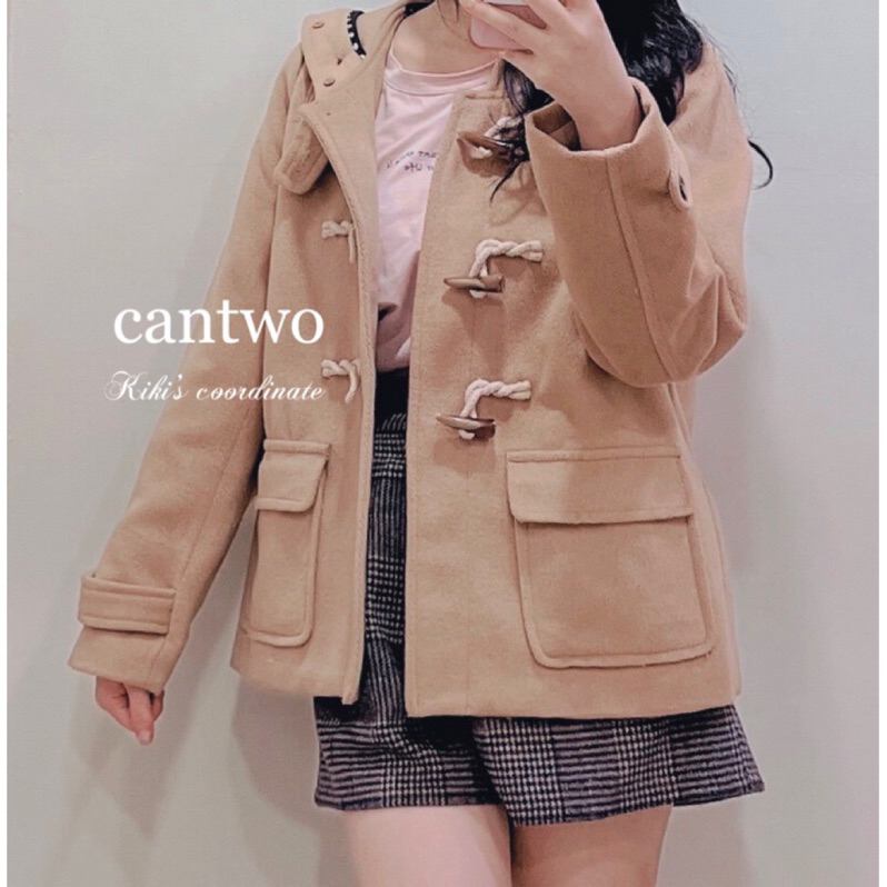 【cantwo二手衣】日系學院風連帽牛角扣外套（咖啡色/駝色）日本專櫃品牌/日系/保暖/氣質/可愛