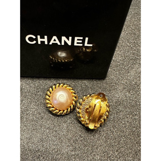 二手真品 Chanel vintage 金色圓型珍珠耳環 古董夾式耳環 保證正品