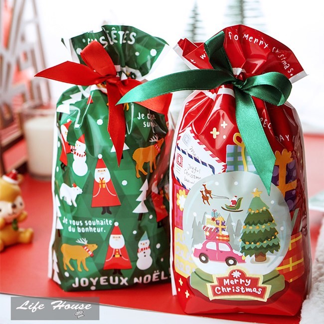 聖誕節束口袋 加厚款 聖誕束口包裝袋 綠色聖誕紅色水晶球 繽紛耶誕禮物包裝袋 聖誕節包裝袋 平口袋 可站立袋