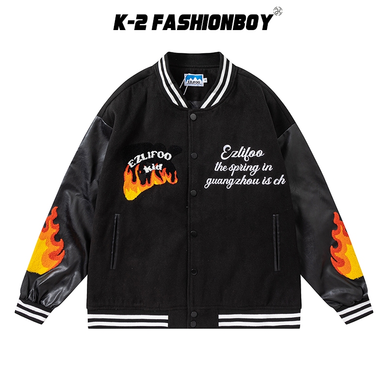 【K-2】EZLIFOO KID 火焰 植絨 刺繡 棒球外套 OLD SCHOOL 外套 惡棍 火焰外套【DJ007】