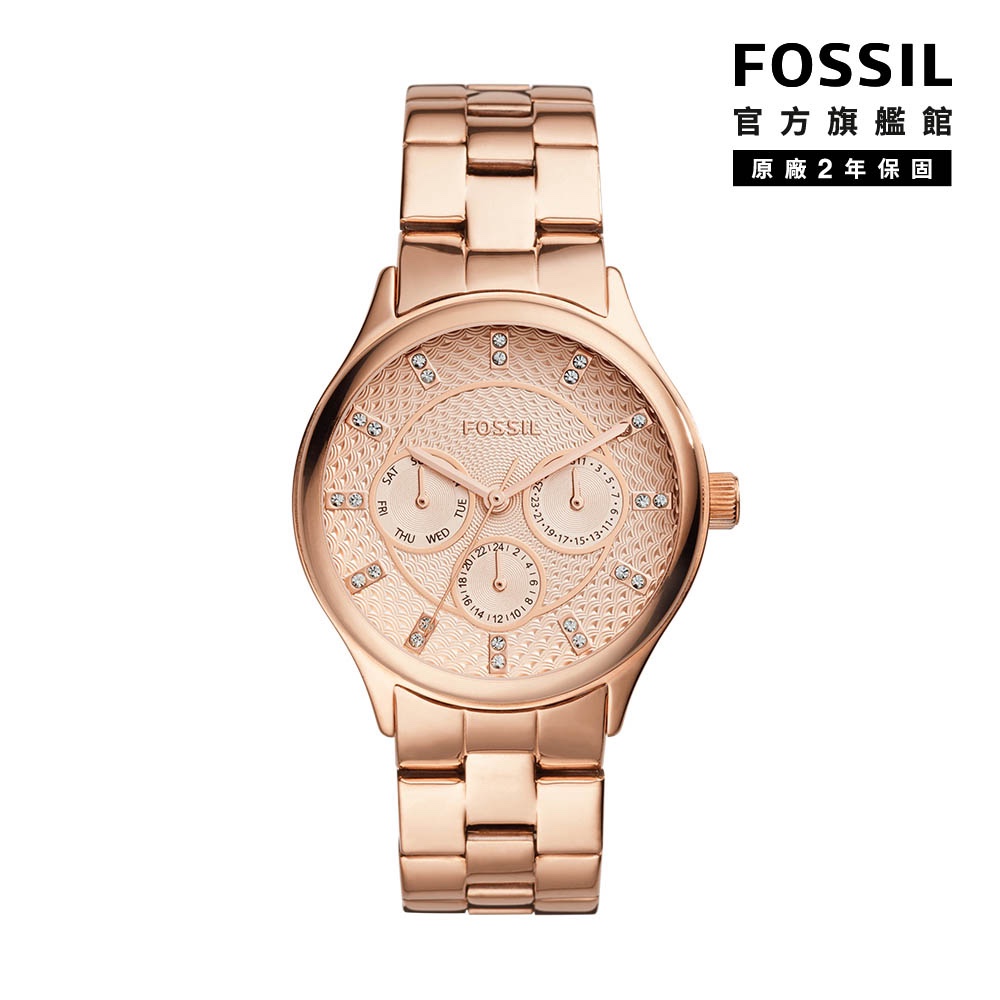 【FOSSIL 官方旗艦館】Modern Sophisticate 三眼計時女錶 玫瑰金不鏽鋼錶帶36MM BQ1561