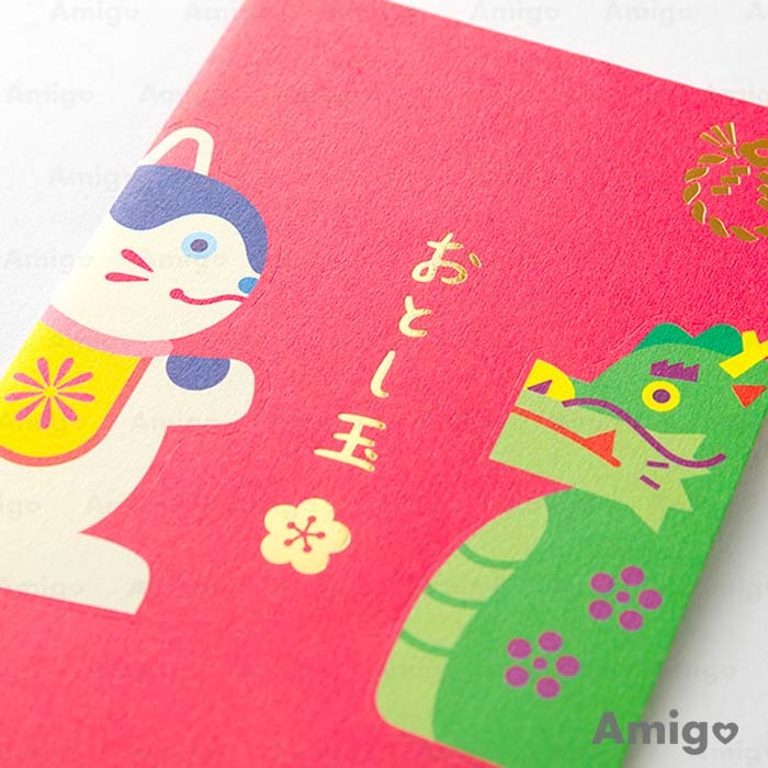 阿米購 日本 Ｍidori 和紙 日本製 燙金 日式 短版 紅包袋 紙上相撲 龍年 創意 趣味摺紙  犬張子 達摩 招財