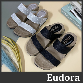 【Eudora】MIT台灣製 厚底拖鞋 一字拖鞋 坡跟拖鞋 楔型拖鞋 金蔥二字 厚底坡跟楔型平底 涼拖鞋 拖鞋
