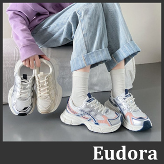 【Eudora】厚底休閒鞋 銀色 老爹鞋 厚底增高 布鞋 運動鞋 球鞋 老爹 運動風網布綁帶撞色厚底增高 老爹鞋 休閒鞋