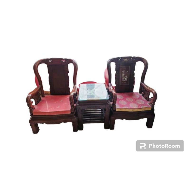 桃園國際二手貨中心----紅木太師椅 花梨木古董椅 紅木鑲貝太師椅 2椅一几
