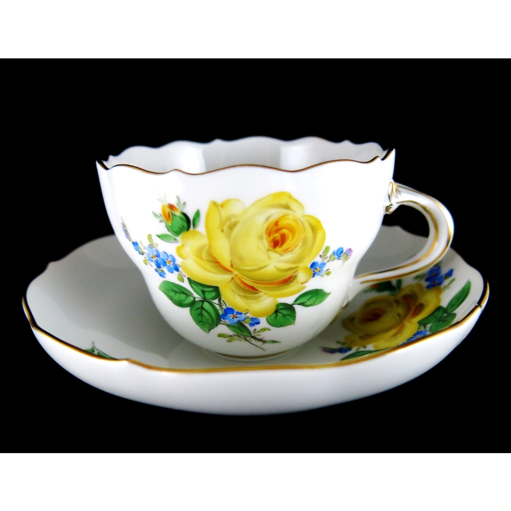 德國麥森Meissen 手繪Blumen系列黃玫瑰咖啡杯盤組-B