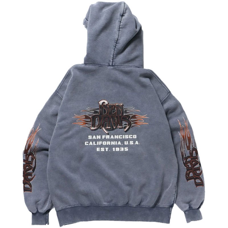BEN DAVIS 23780046-68 FLAME GRAPHIC FADED HOODIE 帽T (水洗灰藍色)