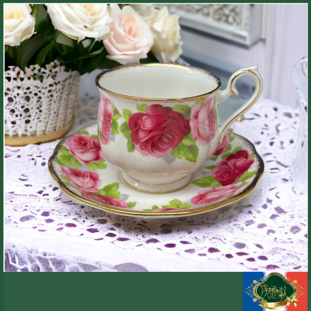 🌹淳語詩人西洋古物｜  英國Royal Albert 老英國玫瑰系列-鬱金香造型咖啡杯盤組