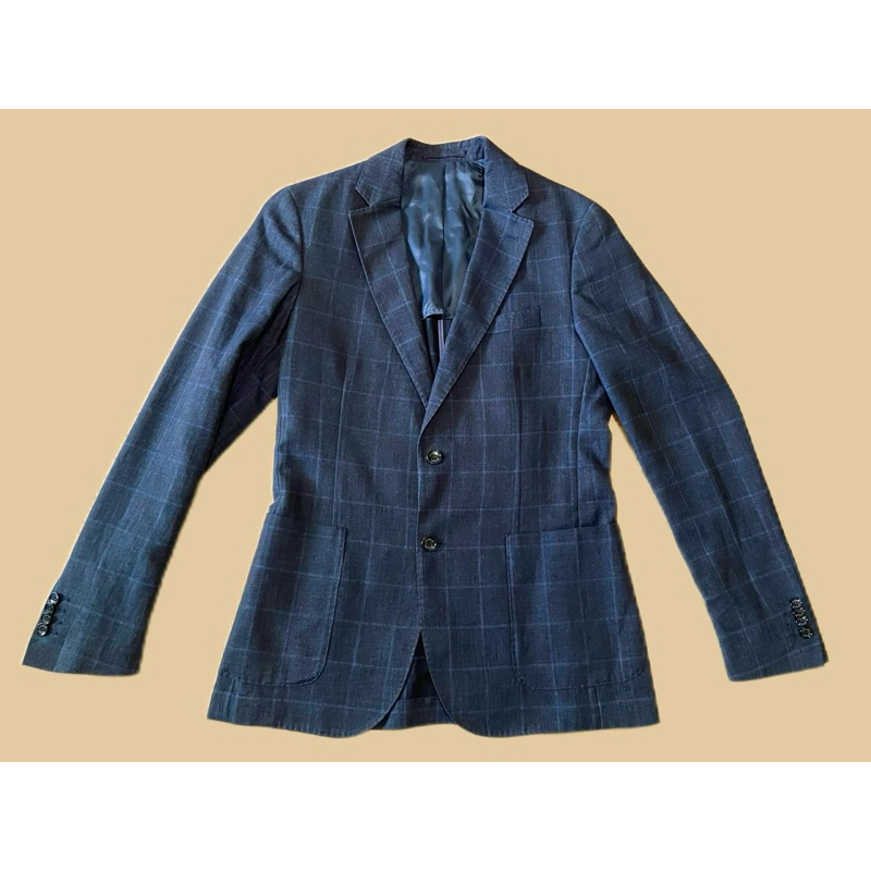 比利時 專櫃男裝 RIVER WOODS紳士時尚 修身合身 單排扣 雙口袋 薄款亞麻棉質休閒西裝外套 長袖外套格紋48號