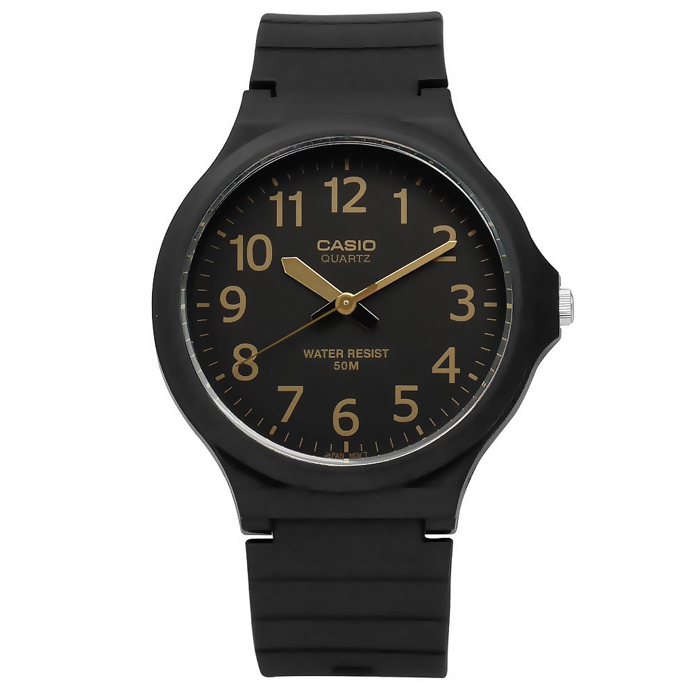 CASIO / 卡西歐經典清晰數字耐看設計橡膠腕錶 金x黑 / MW-240-1B2 / 42mm