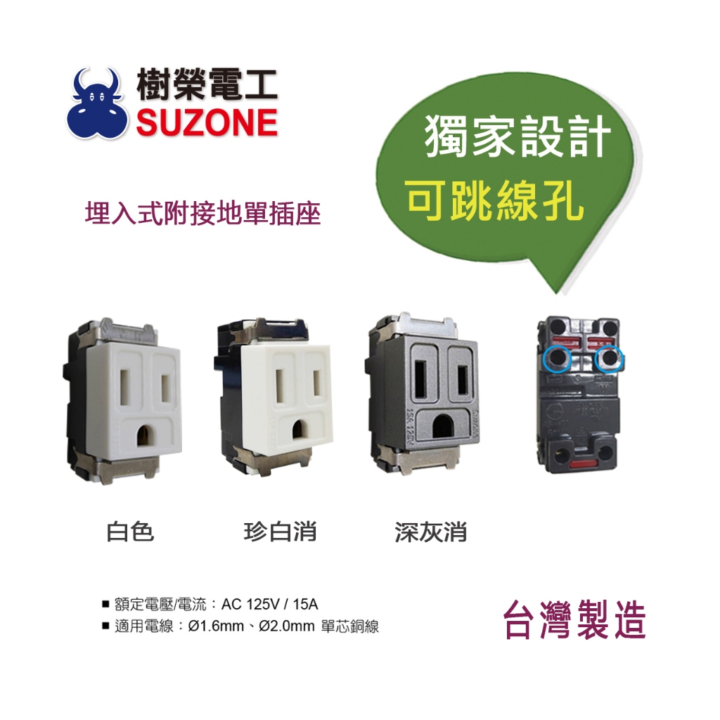 (含稅)【樹榮電工SUZONE】埋入式 附接地單插座/可跳線/接地插座/單顆接地插座/台灣製