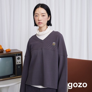 【gozo】gozo三次方立體織紋大學T(深灰/米白_F) | 女裝 V領 百搭
