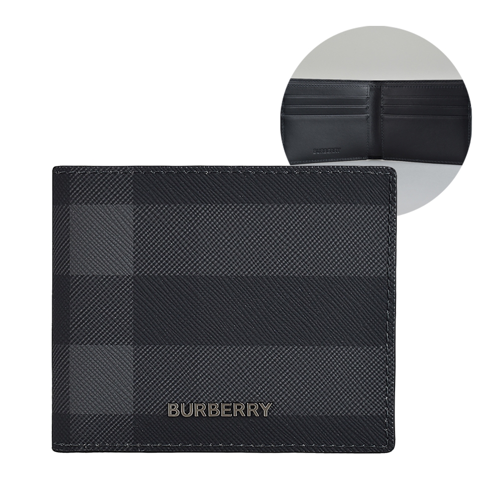 BURBERRY Hipfold立體字母LOGO格紋設計PVC 6卡對折短夾(炭黑灰)