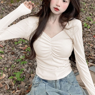 【JODIES】3色 德絨辣妹短款長袖T恤女 褶皺露鎖骨簡約T恤 秋冬多巴胺穿搭 長袖上衣 外穿內搭打底衣 韓版女裝