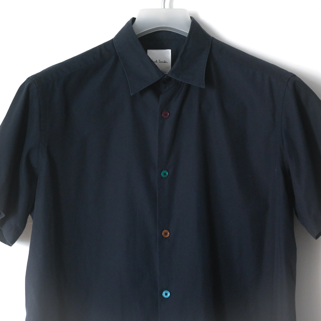 【日本製】Paul Smith MULTI COLOUR BUTTON 深藍色 基本款短袖襯衫 SIZE L