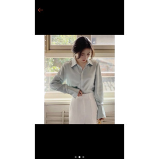 全新ethereal韓國女神質感緞面氣質襯衫 湖水藍