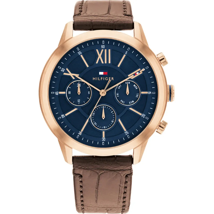 【Tommy Hilfiger】玫瑰金框藍面三眼皮革男錶 1710526 44mm 現代鐘錶