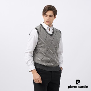【pierre cardin皮爾卡登】男款 混紡羊毛V領菱格緹花毛衣背心-麻灰色 (5235461-95)