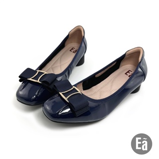 Ea專櫃女鞋 鏡面真皮織帶蝴蝶結3.5cm方頭中低圓跟鞋(深藍鏡)121652