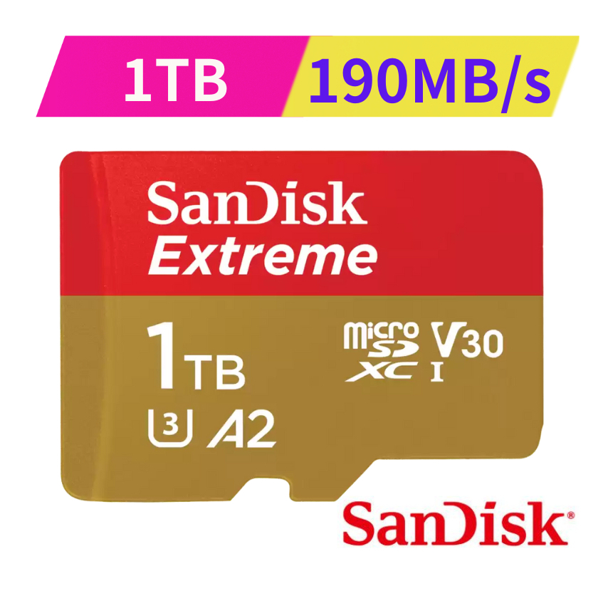 SanDisk Extreme microSDXC 1TB 記憶卡(V30/U3/C10/A2/UHS-I/190MB)
