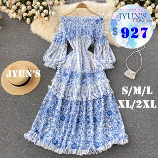 JYUN'S 秋季新款宮廷復古法式一字領露肩青花瓷印花高階泡泡袖收腰大擺連衣裙長袖洋裝連身裙1色 M現貨