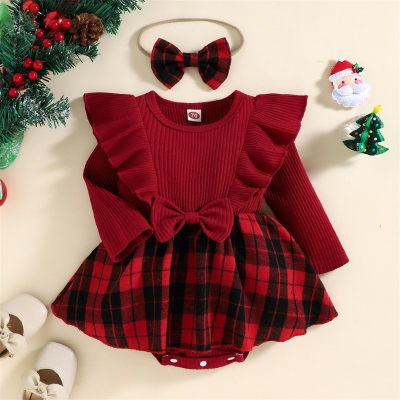 預購🎄聖誕節🎄歐美熱賣嬰兒聖誕裝 格子連身裙 聖誕裝 斗篷 寶寶聖誕裝 造型 拜年服 新年服