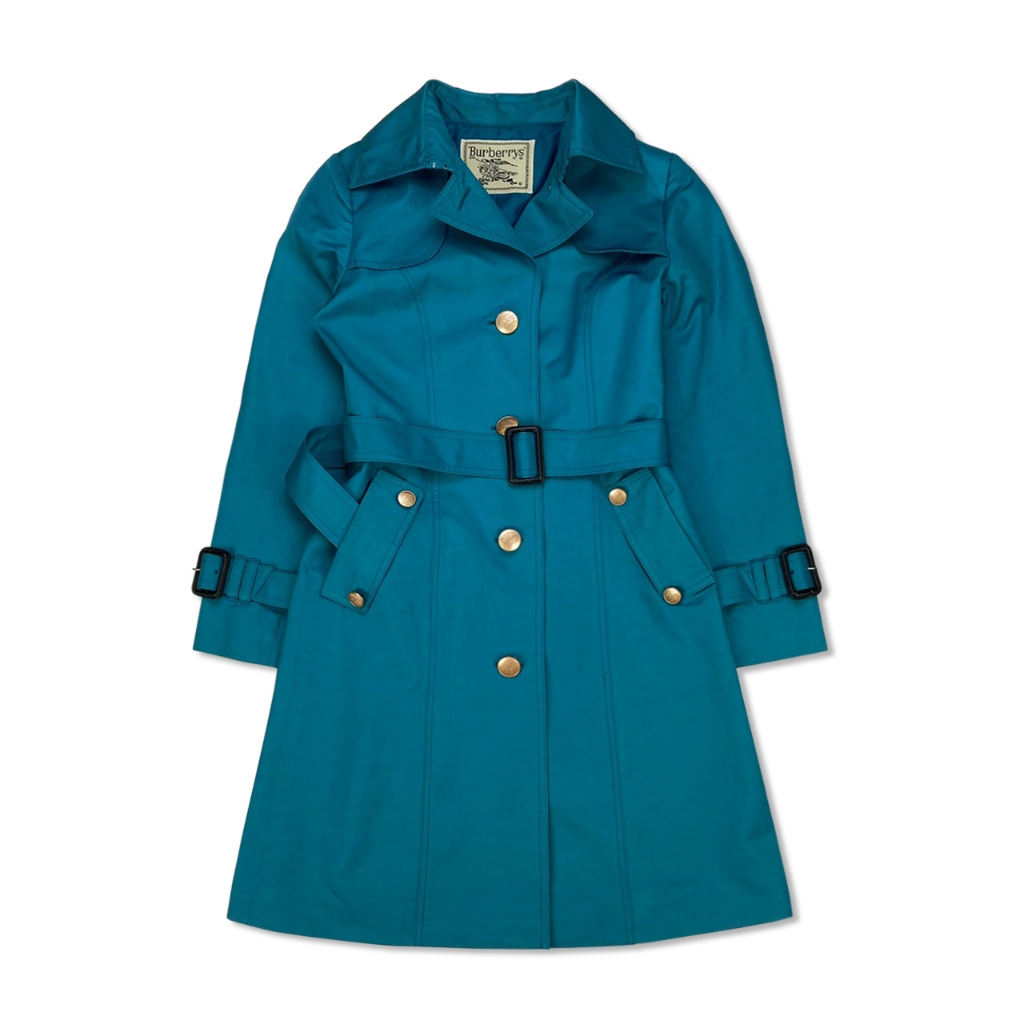 [稀有品] Burberry 芭寶莉 愛琴海藍綠色+古銅金色戰馬釦 女生防風防水單排釦長版腰帶大衣 約S號