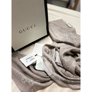 （出售）GUCCI 經典緹花羊毛混絲流蘇圍巾(大地色)