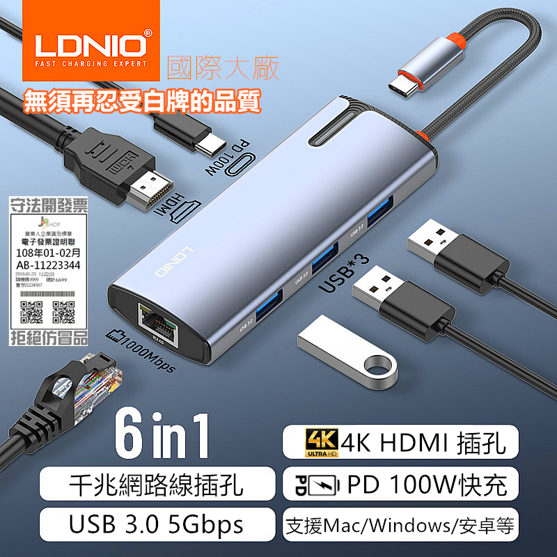 LDNIO 力德諾 六合一 USB HUB 拓展塢 USB3.0 Type-C 轉 HDMI PD 快充 集線器 讀卡機