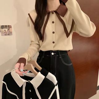 現貨新款撞色翻領短版針織上衣 娃娃領 公主袖 短袖上衣 罩衫 短版針織上衣 小香風 女裝 顯瘦上衣
