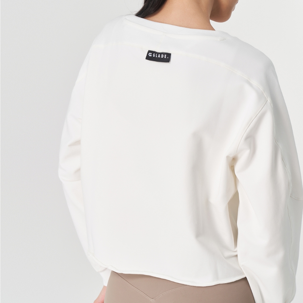 【GLADE.】Essentials 撞色織標 短版女長袖上衣 (白) | Sweatshirt 衛衣 大學T 現貨