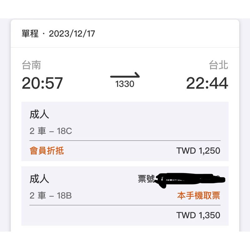 高鐵票根 12/17 台南-台北 （電子購票證明）兩張