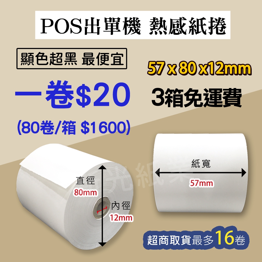 【新光紙業】POS熱感紙 特價1捲/20元 57x80x12 感熱紙 出單紙 80捲/箱$1600元 57*80*12