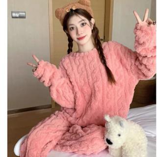 現貨！甜美風加厚珊瑚絨睡衣套裝毛絨上衣毛毛上衣長袖上衣長褲休閒褲毛絨褲秋冬休閒風居家服家居服套裝毛絨睡褲兩件套裝褲子衛衣