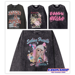 【真的台灣現貨】100%純棉碳黑水洗黑裝扮貓咪花朵英文字母印花圓領長袖T恤大學T女男上衣服大尺碼情侶裝EA1574