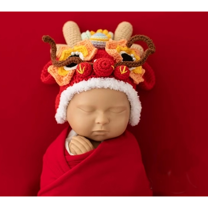 龍年農曆新年造型新生兒嬰兒拍照帽子寶寶滿月百天照相寫真純棉造型帽攝影帽