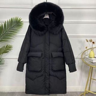 韓國東大門白鴨絨羽絨服女中長款2021鼕新款大毛領寬鬆連帽過膝 RTGF
