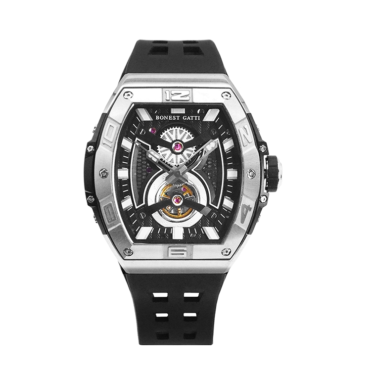 BONEST GATTI | 原廠授權布加迪 銀款 賽車風格的鏤空面盤 酒桶造型 黑色氟橡膠錶帶 自動上鍊機械腕錶