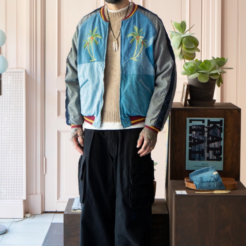 日本單品 重工刺繡設計 椰子樹 玫瑰 牛仔丹寧拼接 雙面內裏刷絨 短版飛行外套