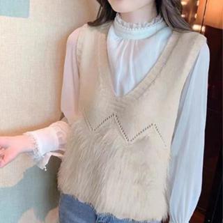 胖胖美依 針織衫 上衣 外套 毛線衣 新款設計感甜美減齡V領仿貂絨針織外搭馬甲2F099-5156.