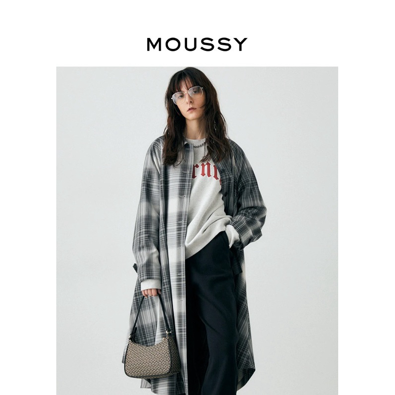 Moussy 全新 秋冬 學院風 翻領裙擺 格子綁帶大衣外套