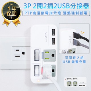 【KINYO 3P 2開2插2USB分接器 GIU-3222】插座分接器 USB分接器 手機充電頭 USB插座 插座轉接