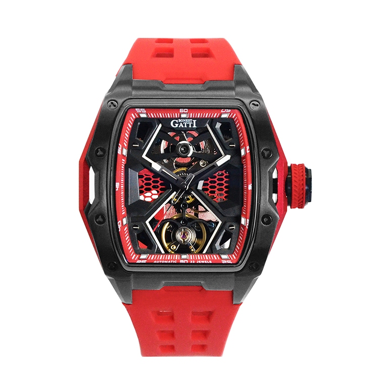 BONEST GATTI | 原廠授權布加迪 黑紅款 工業風格的鏤空面盤 酒桶造型 紅色氟橡膠錶帶 自動上鍊機械腕錶