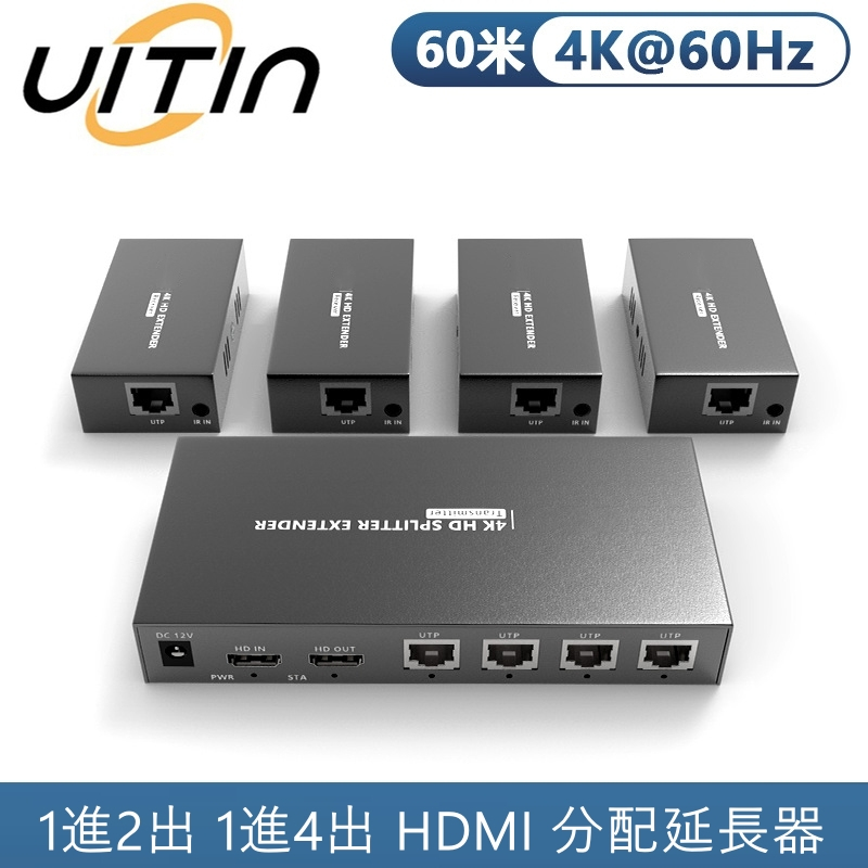 1進2 1進4 4K HDMI訊號延長器 60米HDMI分配延長器 HDMI轉RJ45 單電源POC IR高清視訊傳輸器