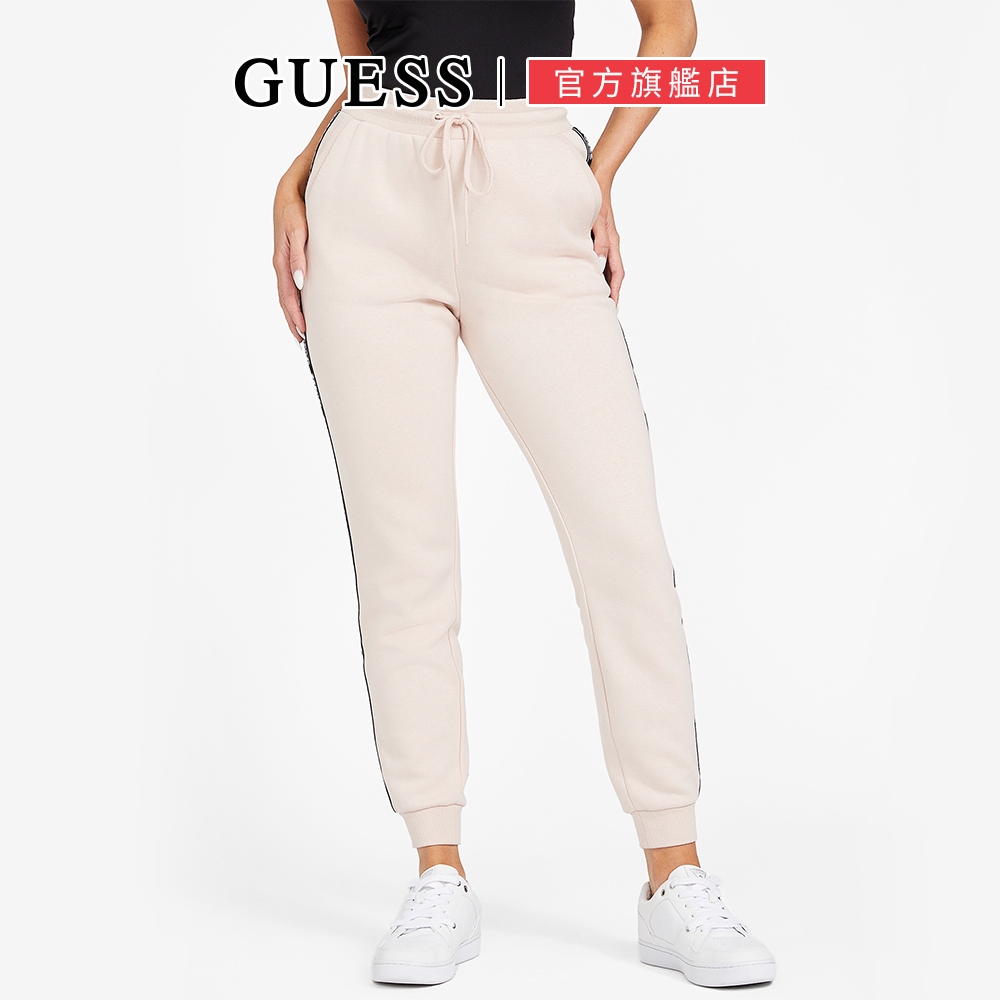 【GUESS】條撞LOGO印花鬆緊長褲-兩色任選